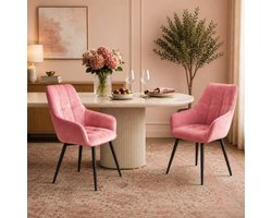 Durrafy Y03 Eetkamerstoelen - Set van 2 - Eetkamerstoel en Keukenstoel met Armleuningen - Roze Velvet - Hoge Rugleuning - Brede Zitting - Metalen Poten - Vloerbescherming - Max. 150 kg - Voor Eettafel en Woonkamer