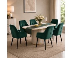 Durrafy Y03 Eetkamerstoelen - Set van 6 - Eetkamerstoel en Keukenstoel met Armleuningen - Groen Velvet - Hoge Rugleuning - Brede Zitting - Metalen Poten - Vloerbescherming - Max. 150 kg - Voor Eettafel en Woonkamer