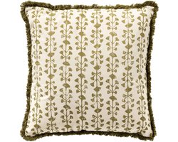 Dutch Decor FRANCINE - sierkussen 45x45 cm - 100% katoen - bladmotief en franjes - Green Moss - groen, wit - Inclusief binnenkussen - Luxe kussens voor woonkamer & bank