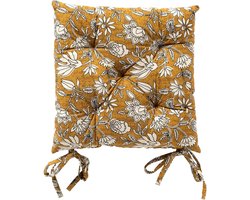 Dutch Decor - JUDITH - stoelkussen 40x40 cm - bloemenmotief - met striklinten - Chai Tea - geel - Zitkussen