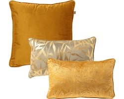 Dutch Decor - KUSSENSET - 3-delig - Bauke/Katja - 45x45 cm, 30x50 cm - bladmotief - inclusief binnenkussens - geel, groen, goud - Met Ritssluiting – Decoratie Kussens - Comfortabele kussentjes voor op de Bank