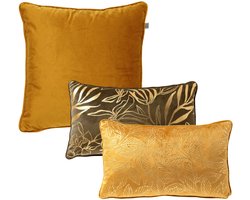Dutch Decor - KUSSENSET - 3-delig - Bauke/Lonne - 45x45 cm, 30x50 cm - bladmotief - inclusief binnenkussens - geel, groen, goud - Met Ritssluiting – Decoratie Kussens - Comfortabele kussentjes voor op de Bank