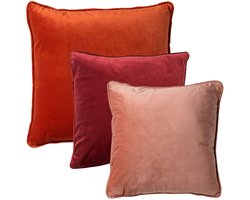 Dutch Decor - KUSSENSET - 3-delig - Velvet Layers - 60x60 cm, 45x45 cm - inclusief binnenkussens - oranje, roze, rood - Met Ritssluiting – Decoratie Kussens - Comfortabele kussentjes voor op de Bank
