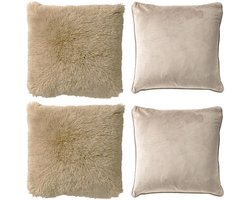 Dutch Decor - KUSSENSET - 4-delig Fluffy & Velvet - 45x45 cm - inclusief binnenkussens - beige - Met Ritssluiting – Decoratie Kussens - Comfortabele kussentjes voor op de Bank