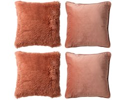 Dutch Decor - KUSSENSET - 4-delig Fluffy & Velvet - 45x45 cm - inclusief binnenkussens - roze - Met Ritssluiting – Decoratie Kussens - Comfortabele kussentjes voor op de Bank