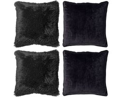 Dutch Decor - KUSSENSET - 4-delig Fluffy & Velvet - 45x45 cm - inclusief binnenkussens - zwart - Met Ritssluiting – Decoratie Kussens - Comfortabele kussentjes voor op de Bank