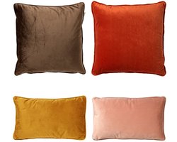 Dutch Decor - KUSSENSET - 4-delig - Matching Velvets - 45x45 cm en 30x50 cm - inclusief binnenkussens - bruin, oranje, geel, roze - Met Ritssluiting – Decoratie Kussens Wasbaar - Comfortabele kussentjes voor op de Bank