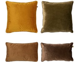 Dutch Decor - KUSSENSET - 4-delig - Matching Velvets - 45x45 cm en 30x50 cm - inclusief binnenkussens - geel, groen, bruin - Met Ritssluiting – Decoratie Kussens Wasbaar - Comfortabele kussentjes voor op de Bank
