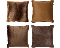 Dutch Decor - KUSSENSET - 4-delig Mixed Textures - 45x45 cm - inclusief binnenkussens - bruin - Met Ritssluiting – Decoratie Kussens - Comfortabele kussentjes voor op de Bank
