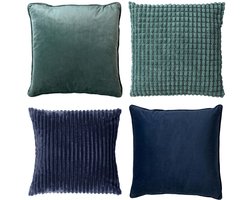 Dutch Decor - KUSSENSET - 4-delig Mixed Textures - 45x45 cm - inclusief binnenkussens - groen, blauw - Met Ritssluiting – Decoratie Kussens Wasbaar - Comfortabele kussentjes voor op de Bank