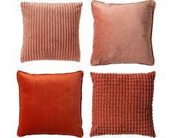 Dutch Decor - KUSSENSET - 4-delig Mixed Textures - 45x45 cm - inclusief binnenkussens - oranje, roze - Met Ritssluiting – Decoratie Kussens - Comfortabele kussentjes voor op de Bank