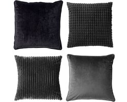 Dutch Decor - KUSSENSET - 4-delig Mixed Textures - 45x45 cm - inclusief binnenkussens - zwart, antraciet - Met Ritssluiting – Decoratie Kussens Wasbaar - Comfortabele kussentjes voor op de Bank