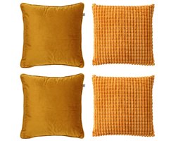 Dutch Decor - KUSSENSET - 4-delig - Texture Harmony - 45x45 cm - inclusief binnenkussens - geel - Met Ritssluiting – Decoratie Kussens Wasbaar - Comfortabele kussentjes voor op de Bank