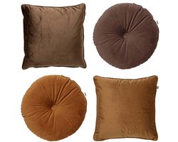 Dutch Decor - KUSSENSET - 4-delig - Velvet Shapes - 45x45 cm en Ø40 cm - inclusief binnenkussens - bruin - Met Ritssluiting – Decoratie Kussens Wasbaar - Comfortabele kussentjes voor op de Bank