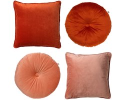 Dutch Decor - KUSSENSET - 4-delig - Velvet Shapes - 45x45 cm en Ø40 cm - inclusief binnenkussens - oranje, roze - Met Ritssluiting – Decoratie Kussens - Comfortabele kussentjes voor op de Bank