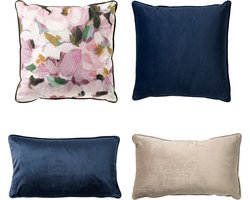 Dutch Decor - Set van 4 sierkussens - blauw - beige - roze - 45x45 cm - 30x50 cm - inclusief binnenkussens - velvet