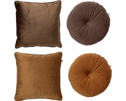 Dutch Decor - Set van 4 sierkussens - Donkerbruin - Bruin - Rood - Finn 45x45 + Olly rond - inclusief binnenkussens - velvet