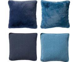 Dutch Decor - Set van 4 sierkussens - Essentials - donkerblauw - lichtblauw - 45x45 cm - inclusief binnenkussens - velvet - bontlook