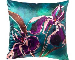 Dutch Decor VANESSA - sierkussen 60x60 cm - glansvelours - bloemmotief - Trekking Green - multicolour - Inclusief binnenkussen - Luxe kussens voor woonkamer & bank