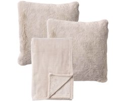 Dutch Decor - VOORDEELSET - 3-delig - Cosy Corner - 2 sierkussens 45x45 cm - 1 plaid 150x200 cm - beige- Met Ritssluiting – Decoratie Kussens Wasbaar - Comfortabele kussentjes voor op de Bank