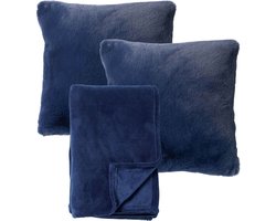 Dutch Decor - VOORDEELSET - 3-delig - Cosy Corner - 2 sierkussens 45x45 cm - 1 plaid 150x200 cm - blauw - Met Ritssluiting – Decoratie Kussens Wasbaar - Comfortabele kussentjes voor op de Bank