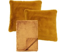Dutch Decor - VOORDEELSET - 3-delig - Cosy Corner - 2 sierkussens 45x45 cm - 1 plaid 150x200 cm - geel - Met Ritssluiting – Decoratie Kussens Wasbaar - Comfortabele kussentjes voor op de Bank