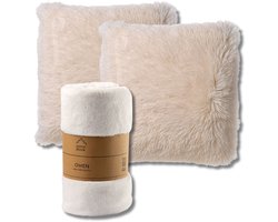 Dutch Decor - VOORDEELSET - 3-delig - Fluffy & Owen - 2 sierkussens 45x45 cm - 1 plaid 130x160 cm - wit - Met Ritssluiting – Decoratie Kussens - Comfortabele kussentjes voor op de Bank