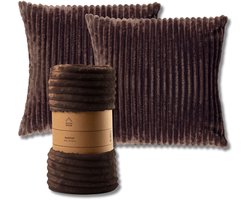 Dutch Decor - VOORDEELSET - 3-delig - Mart & Marthy - 2 sierkussens 45x45 cm - 1 plaid 140x180 cm - bruin - Met Ritssluiting – Decoratie Kussens - Comfortabele kussentjes voor op de Bank