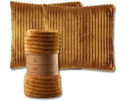 Dutch Decor - VOORDEELSET - 3-delig - Mart & Marthy - 2 sierkussens 45x45 cm - 1 plaid 140x180 cm - geel - Met Ritssluiting – Decoratie Kussens - Comfortabele kussentjes voor op de Bank