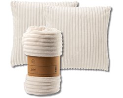 Dutch Decor - VOORDEELSET - 3-delig - Mart & Marthy - 2 sierkussens 45x45 cm - 1 plaid 140x180 cm - wit - Met Ritssluiting – Decoratie Kussens - Comfortabele kussentjes voor op de Bank