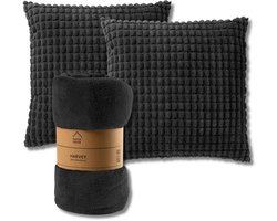Dutch Decor - VOORDEELSET - 3-delig - Rome & Harvey - 2 sierkussens 45x45 cm - 1 plaid 150x200 cm - zwart - Met Ritssluiting – Decoratie Kussens Wasbaar - Comfortabele kussentjes voor op de Bank