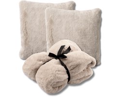 Dutch Decor - VOORDEELSET - 3-delig - Zaya & Lize - 2 sierkussens 45x45 cm, 1 plaid 140x180 cm - beige - Met Ritssluiting – Decoratie Kussens - Comfortabele kussentjes voor op de Bank