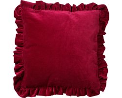 Dutch Decor YARA - Kussenhoes 45x45 cm - 100% katoen - velvet - met ruches - Red Plum - donkerroze - met rits - zonder binnenkussen