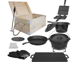 Dutch Oven Set van massief gietijzer, dikwandige barbecuepan, inclusief braadpan, koekenpan, ovenschaal, melkpan, handgreep, onderstel en raketkachelpan voor binnen- en buitengebruik (12-delige set) NAIZY