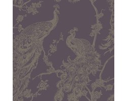 DUTCH WALLCOVERINGS Behang Peacock paars en zilverkleurig