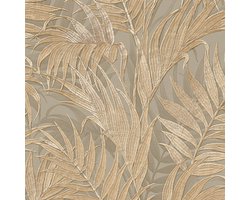 Dutch Wallcoverings - Grace Tropical palm leaf beige/goud/groen - vliesbehang - 10m x 53cm - GR322105