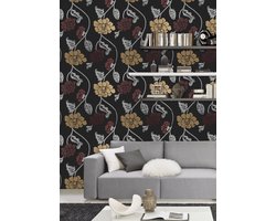 Dutch Wallcoverings Vliesbehang zwart bloem - rood zilver goud