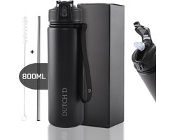 Dutch'D ® - RVS Thermofles - Drinkfles - 800ML - Waterfles met rietje - Thermosfles - Dubbelwandige isolatie - Thermoflessen - Luxe thermoflessen - RVS drinkfles - thermosbeker - Waterfles volwassenen - Lekvrij - Zwart