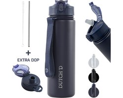 Dutch'D ® - RVS Thermofles - Drinkfles - 800ML - Waterfles met rietje - Thermosfles - Dubbelwandige isolatie - Thermoflessen - Met Extra Dop - RVS Drinkfles - Thermosbeker - Waterfles volwassenen - Lekvrij - Navy blauw