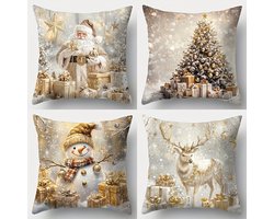 Dutchers® 4-delige Kerstkussenset – Sneeuwpop, Kerstman, Eland & Kerstboom – Decoratieve Kussenhoezen 45×45 cm – Enkelzijdige Print – Zonder Kussenkern – Feestelijke Sfeer voor Woonkamer & Slaapkamer