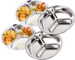 Dutchers® 4x RVS Snackborden - Dinerbord - Servies - Dinerborden - Verdeelborden - Verdeelbord - Vakjes bord - Kinderbord - Rond - BPA Vrij - Gezonde keuze