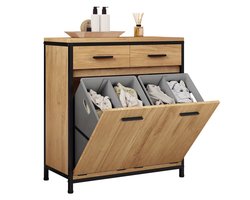 Dutchers® Badkamerkast met 2 Wasmanden – Opbergkast met 2 Lades – Waskast met Metalen Frame – Wasverzamelaar & Meubel in Licht Eiken/Zwart – 72,5x80x34 cm