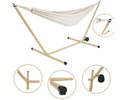 Dutchers® Hangmat met Stalen Frame – 290 cm – Ademend Crèmekleurig Doek – Verplaatsbaar met Wielen – Inclusief Montagemateriaal – Voor Tuin & Balkon