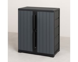 Dutchers® Kunststof Opbergkast - Tuinkast - Tuinkussenbox - Tuinbox – Opbergbox -Opbergrek - Stellingkast - 65 x 38 x 87 cm – Binnen & Buiten Gebruik - Vrijstaand of Wandmontage - 2 Compartimenten met Legplank – Zwart