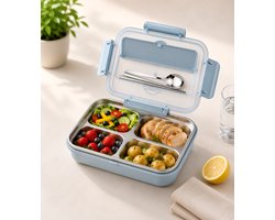 Dutchers® Lunchbox Roestvrij Staal - Incl. Bestekset – BPA-vrij – Met Deksel, Bestekvak & Telefoonhouder - Bento Box – Blauwe RVS Broodtrommel voor Kinderen & Volwassenen – - Mealprep - Duurzame Lunchdoos voor School & Werk - Blauw