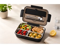 Dutchers® Lunchbox Roestvrij Staal – incl. Bestekset - BPA-vrij – Met Deksel, Bestekvak & Telefoonhouder - Bento Box – Blauwe RVS Broodtrommel voor Kinderen & Volwassenen – - Mealprep - Duurzame Lunchdoos voor School & Werk - Zwart