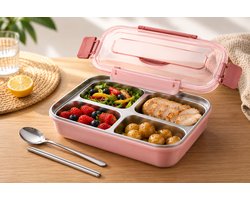 Dutchers® Lunchbox Roestvrij Staal – incl. Bestekset - BPA-vrij – Met Deksel, Bestekvak & Telefoonhouder - Bento Box – Roze RVS Broodtrommel voor Kinderen & Volwassenen – - Mealprep - Duurzame Lunchdoos voor School & Werk - Roze