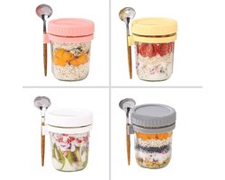 Dutchers.® Overnight Oats Potjes - Glas - Pastelkleur - Inclusief RVS Lepel - 350ML - Set van 4 - Mason Jar - Overnight Oats Glas - Muesli Beker - Beker To Go - Milieuvriendelijk - Sterk Sluitsysteem - Ontbijt & Lunch - Overnight Oats Beker