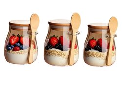Dutchers.® Overnight Oats Potjes - Set van 3 - Met Lepel - Glas - Overnight Oats Glas - Glazen Potjes Met Deksel - Muesli Beker - Lunchpot - Beker To Go - Milieuvriendelijk - Glas & Bamboe - Sterk Sluitsysteem - Ontbijt & Lunch - Overnight Oats Beker