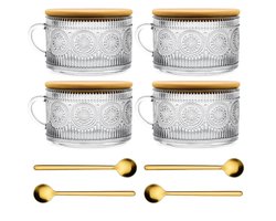 Dutchers.® Overnight Oats Potjes - Set van 4 - Retro - Lepels Inbegrepen - Potjes van Glas - 540ml - Glazen Potjes met Deksel - Overnight Oats - Muesli Beker - Hygiënisch - Lunchpot - Yoghurtbeker - Milieuvriendelijk - Glas & Bamboe - Ontbijt & Lunch